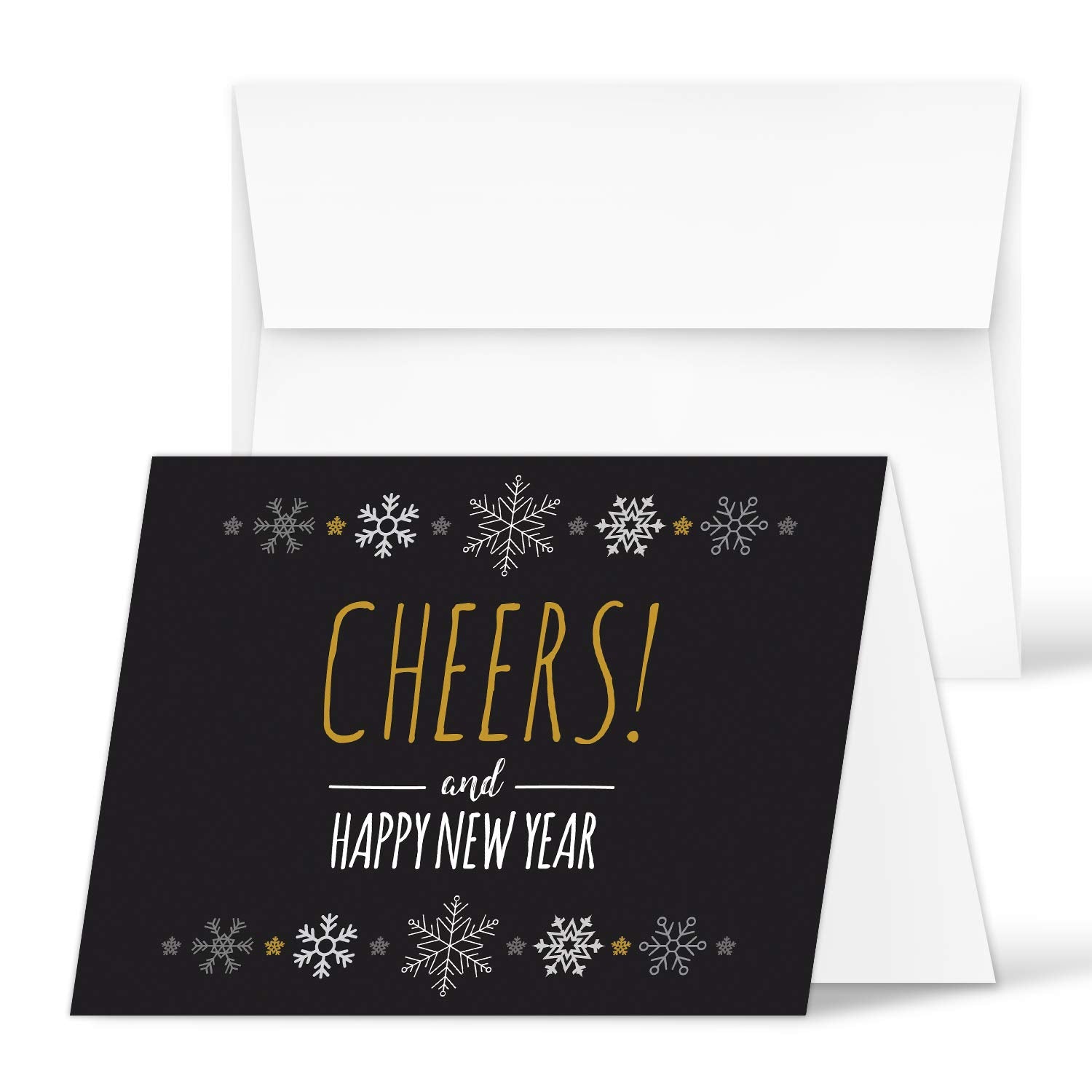 2025 Happy New Year, 25 Cards and 25 Envelopes per Pack - 4.25 x 5.5" (Black Cheers)