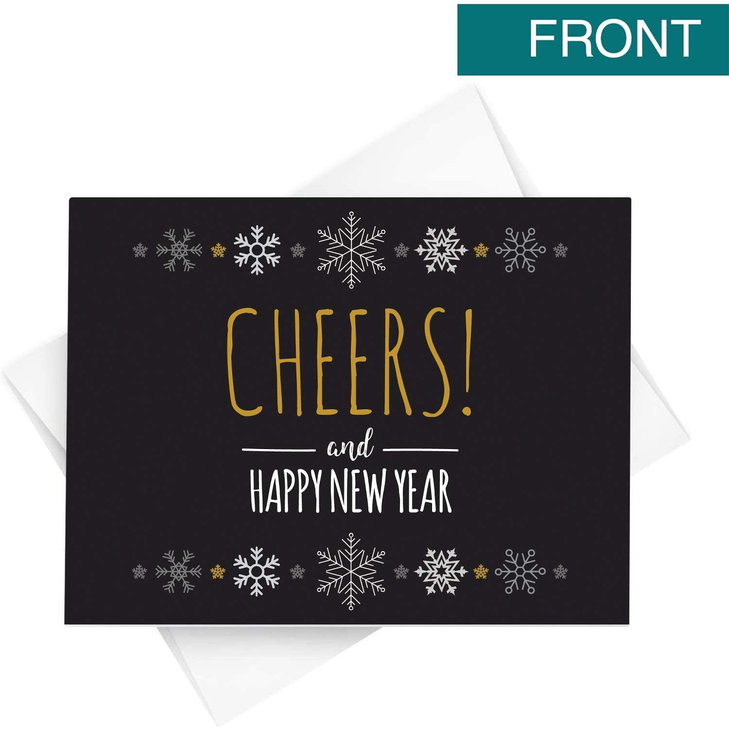 2025 Happy New Year, 25 Cards and 25 Envelopes per Pack - 4.25 x 5.5" (Black Cheers)