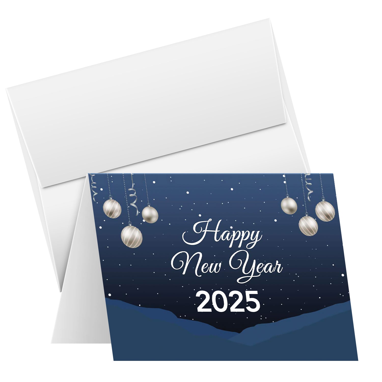 2025 Happy New Year – Blue Holiday Greetings 25 Cards and 25 Envelopes per Pack - 5 x 7" Inches When Folded