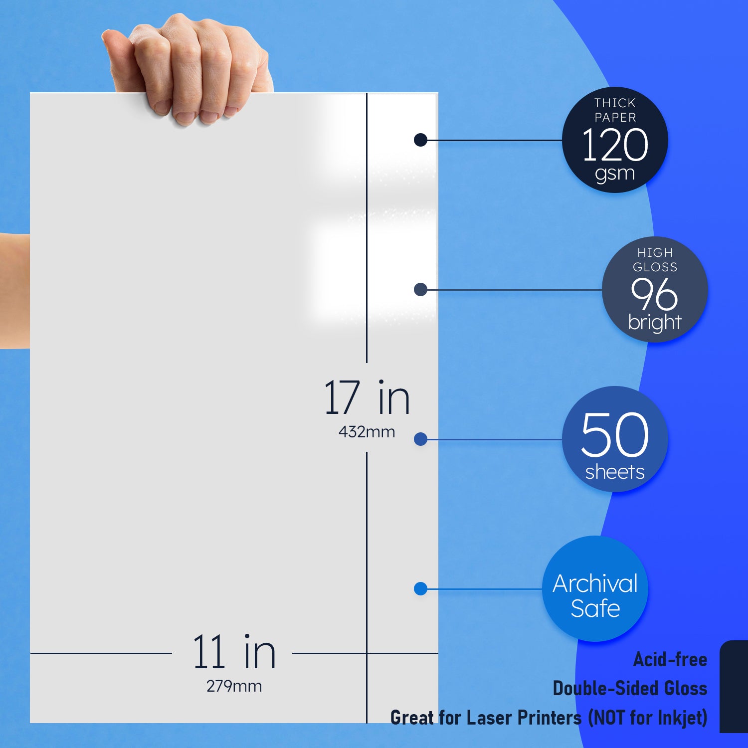 11x17 Double Sided C2S Glossy Paper for Full Color Laser Printing - 80lb Text (32lb Bond) - Acid Free, Gloss Coated - 50 Sheets