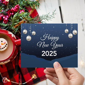 2025 Happy New Year – Blue Holiday Greetings 25 Cards and 25 Envelopes per Pack - 5 x 7" Inches When Folded