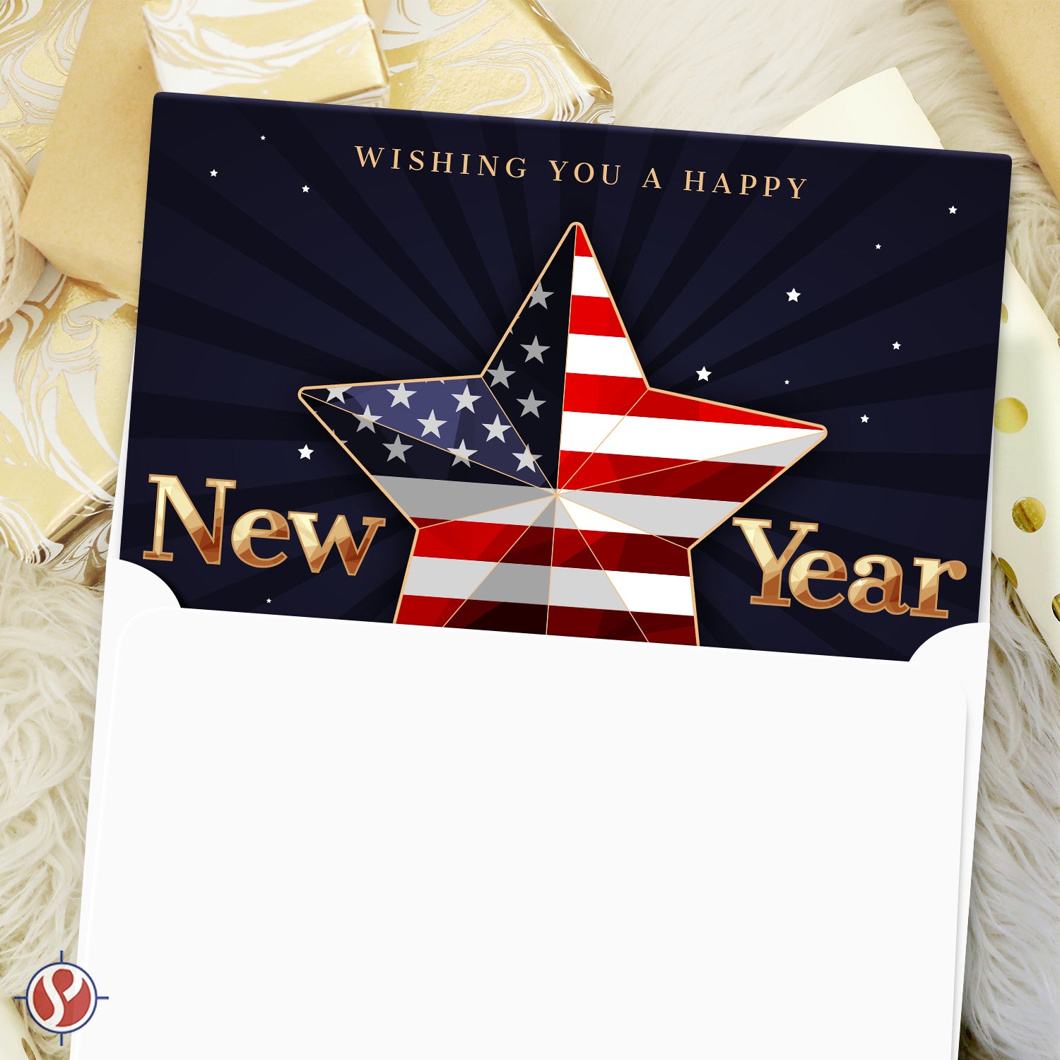 2023 ¡Feliz Año Nuevo América! – Tarjetas de felicitación y sobres plegables American Xmas (interior en blanco)