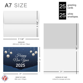 2025 Happy New Year – Blue Holiday Greetings 25 Cards and 25 Envelopes per Pack - 5 x 7" Inches When Folded