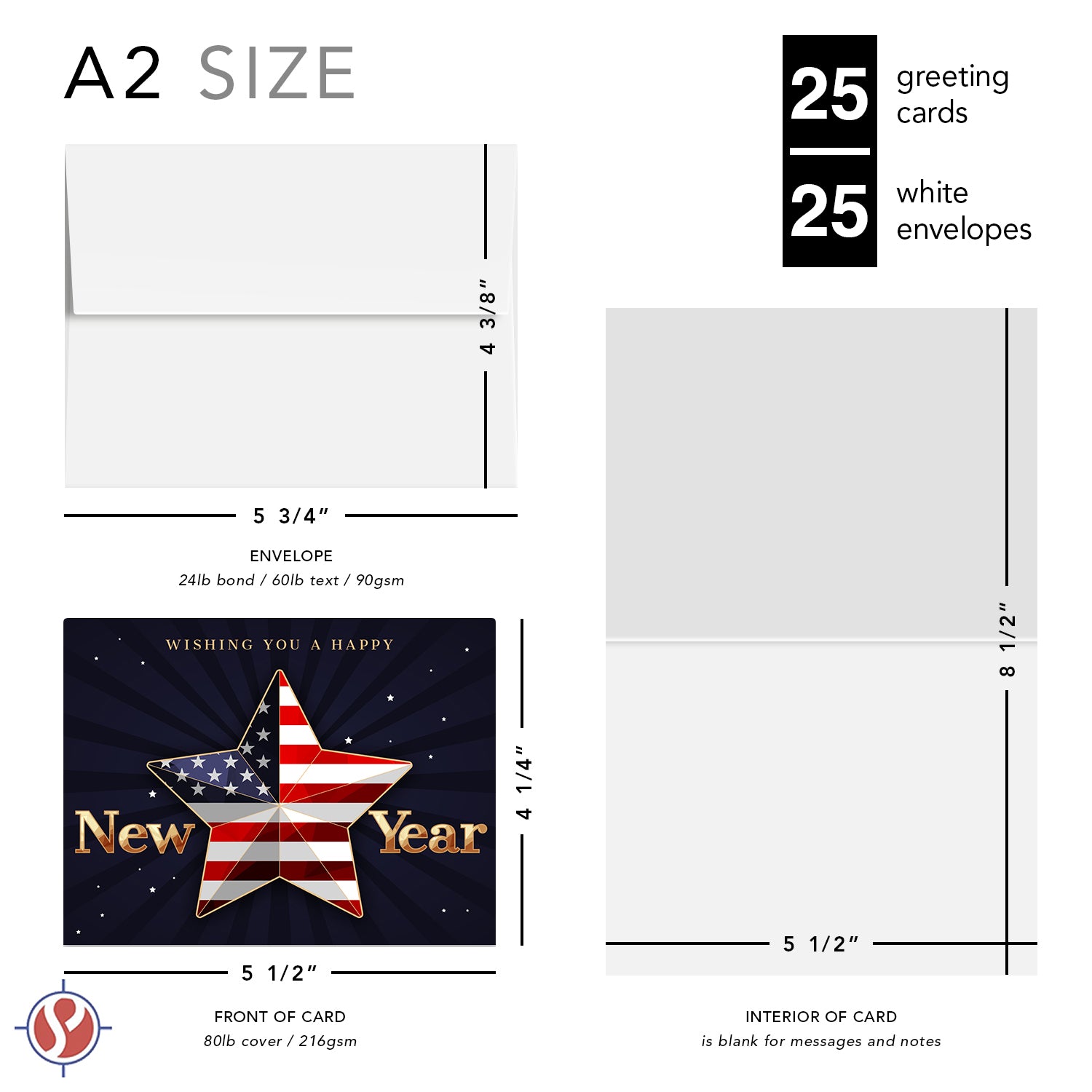 2023 ¡Feliz Año Nuevo América! – Tarjetas de felicitación y sobres plegables American Xmas (interior en blanco)