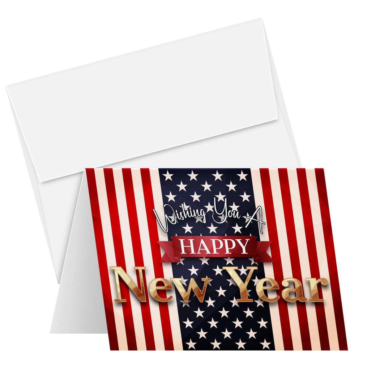 2025 Wishing You A Happy New Year Greeting Cards – American Flag - 4.25 x 5.5” - 25 Per Pack