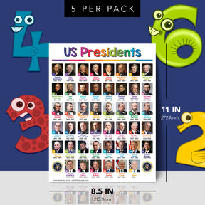 USA Presidents Chart for Preschool to Gradeschool Kids - Educational Learning Aid | 8.5" x 11" | 5 Pack