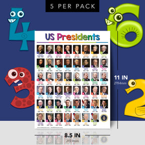 USA Presidents Chart for Preschool to Gradeschool Kids - Educational Learning Aid | 8.5" x 11" | 5 Pack