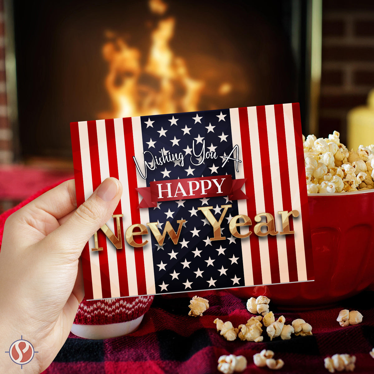 2025 Wishing You A Happy New Year Greeting Cards – American Flag - 4.25 x 5.5” - 25 Per Pack