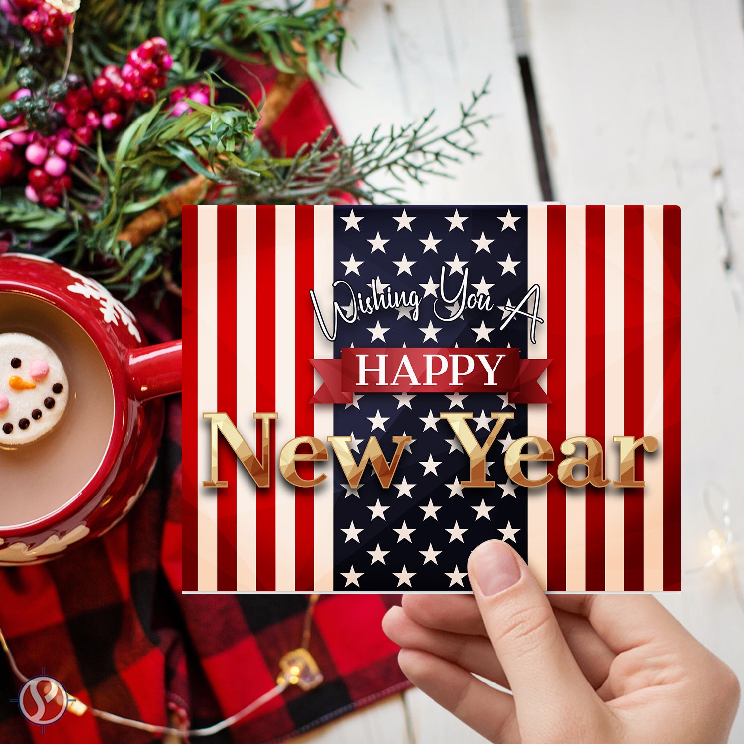 2025 Wishing You A Happy New Year Greeting Cards – American Flag - 4.25 x 5.5” - 25 Per Pack