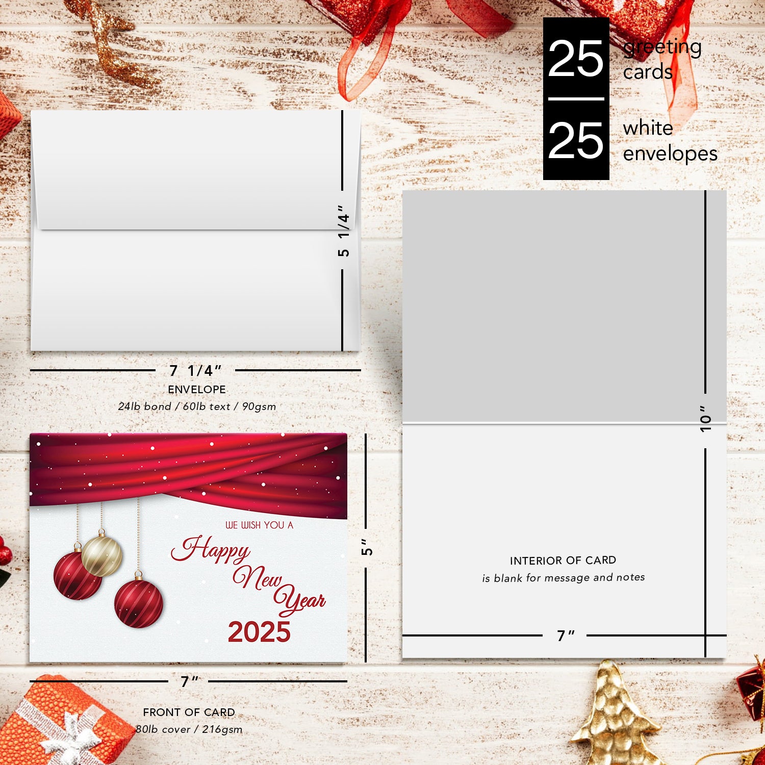 2025 Happy New Year Cards & Envelopes 25 Half Fold Cards & A7 Envelopes | 5 x 7 Inches