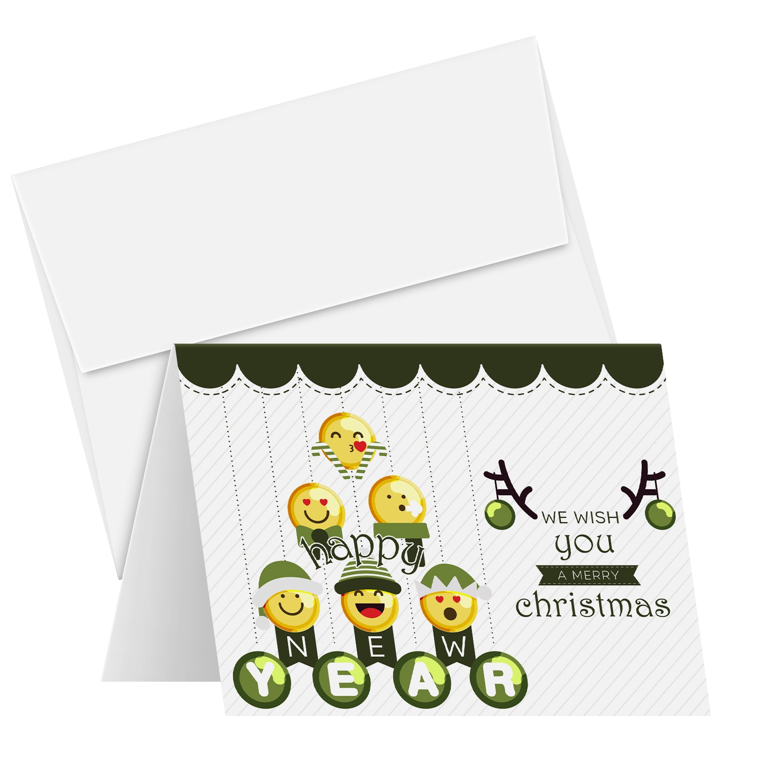 Greeting Cards & Envelopes Merry Christmas and Happy New Year, Green Tree Emoji - Set of 25