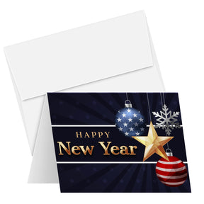 2023 Feliz Año Nuevo – Patriótico americano en blanco 4.25 x 5.5” - 25 por paquete