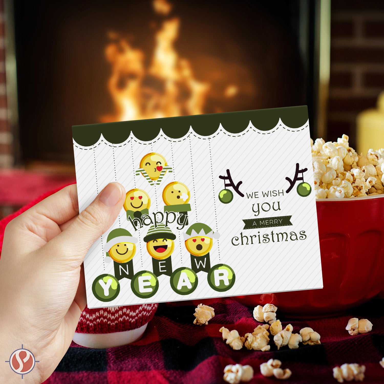 Greeting Cards & Envelopes Merry Christmas and Happy New Year, Green Tree Emoji - Set of 25