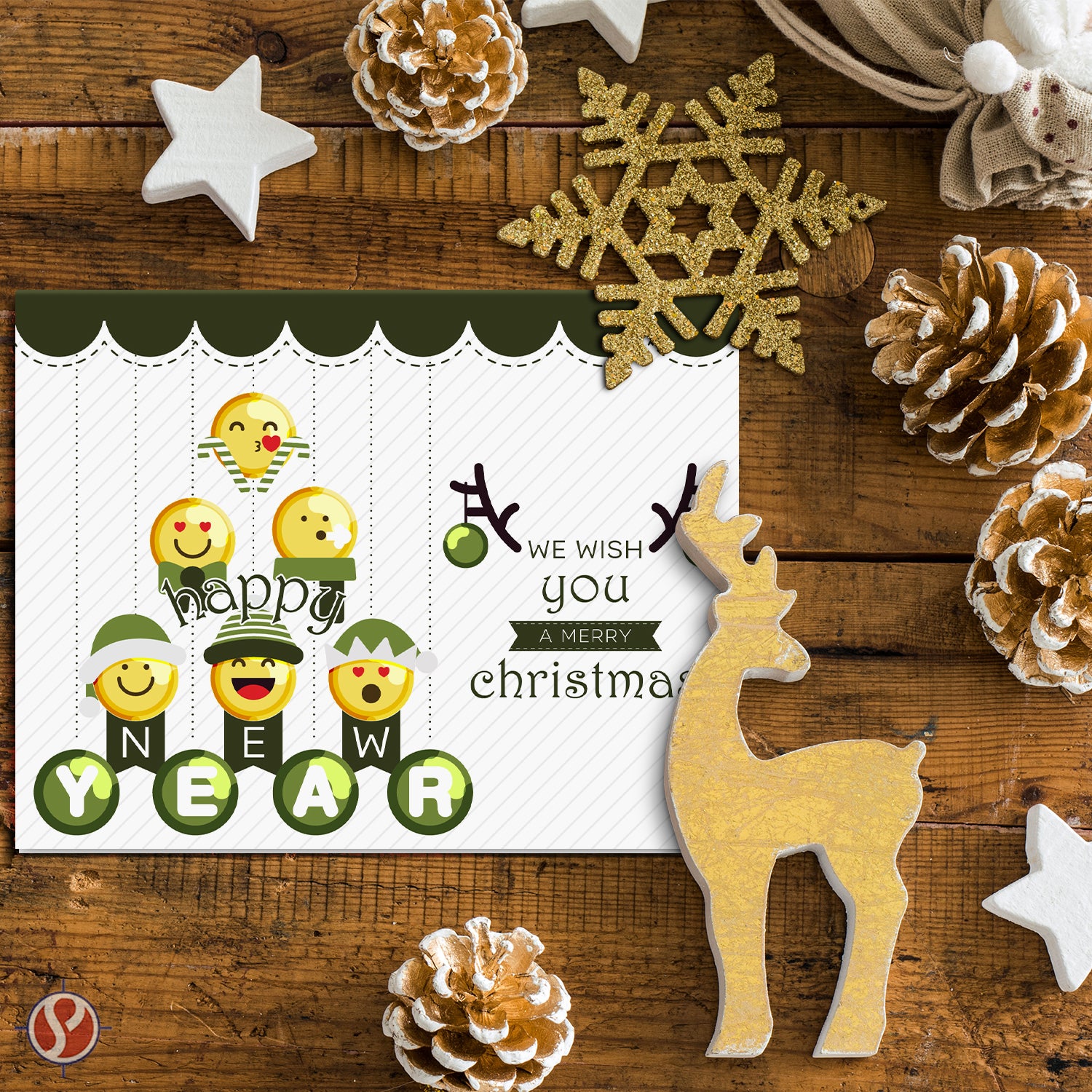 Greeting Cards & Envelopes Merry Christmas and Happy New Year, Green Tree Emoji - Set of 25