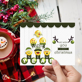 Greeting Cards & Envelopes Merry Christmas and Happy New Year, Green Tree Emoji - Set of 25