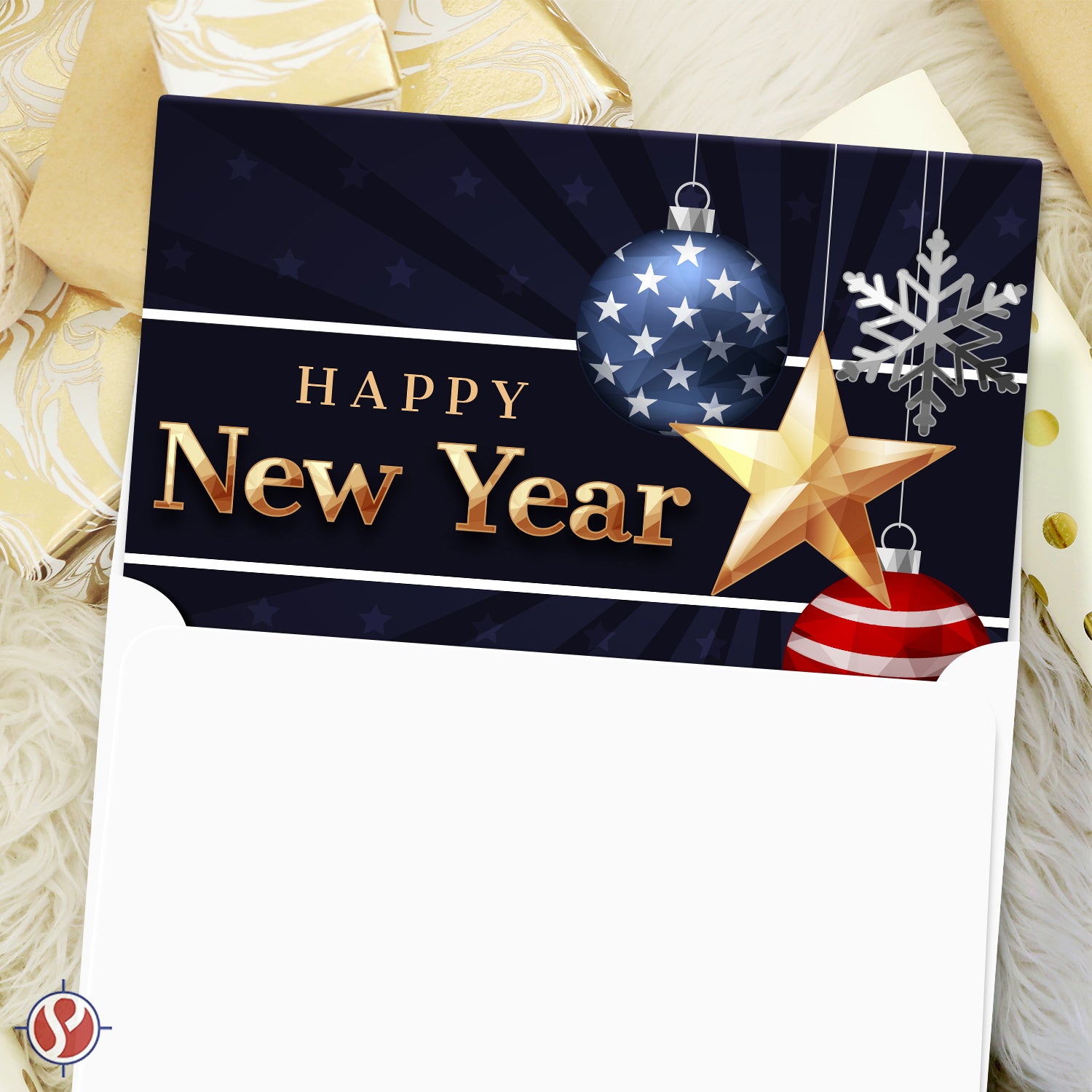 2023 Feliz Año Nuevo – Patriótico americano en blanco 4.25 x 5.5” - 25 por paquete