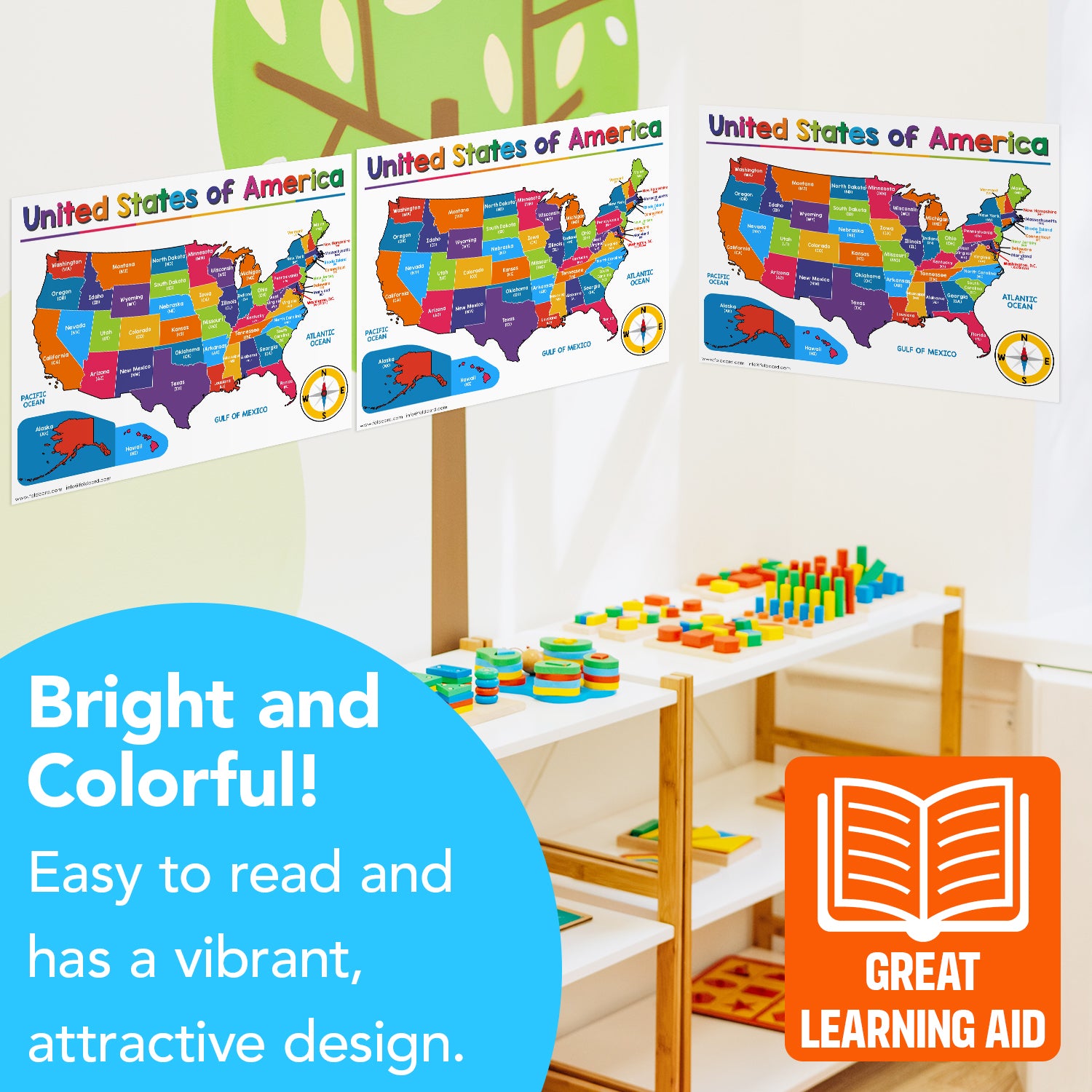 USA Map Chart for Preschool to Gradeschool Kids - Educational Learning Aid | 8.5" x 11" | 5 Pack