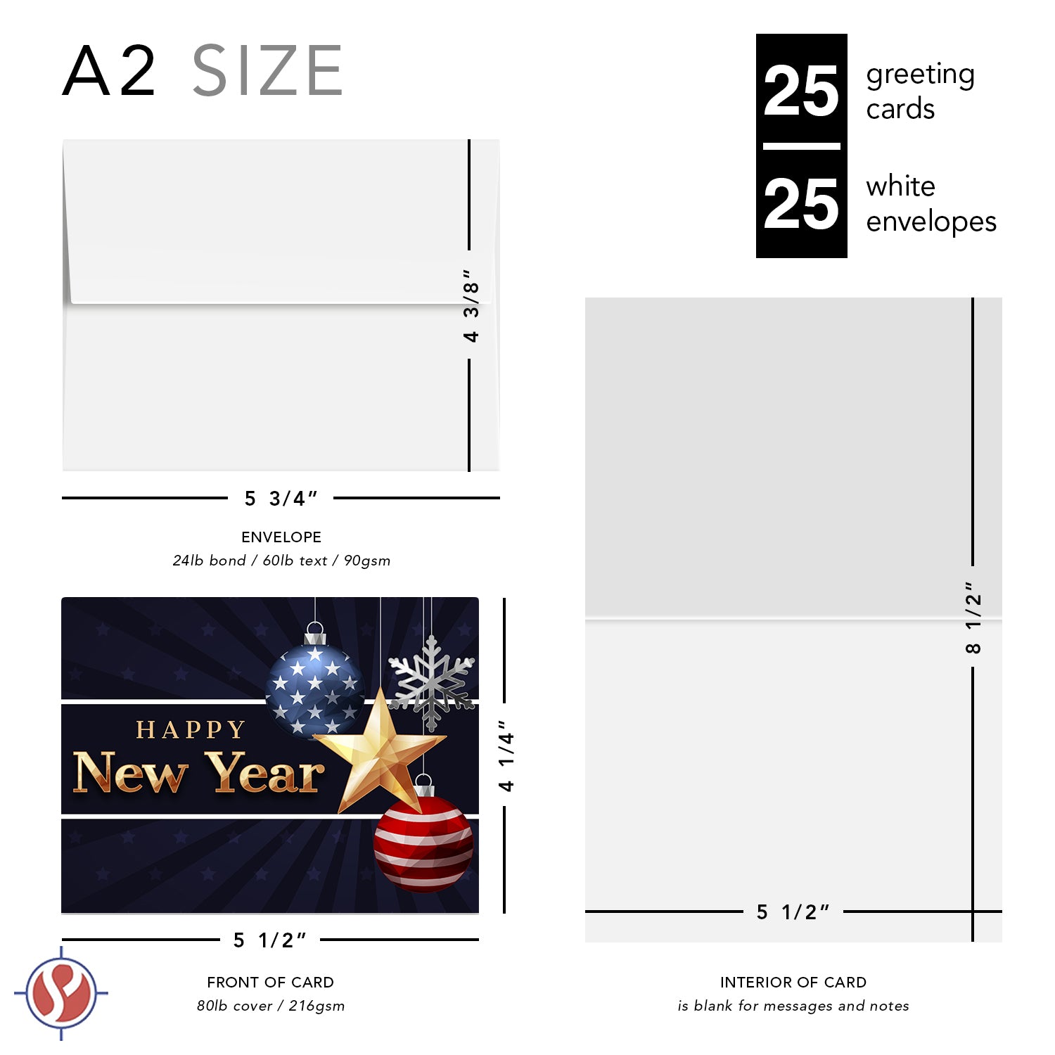 2023 Feliz Año Nuevo – Patriótico americano en blanco 4.25 x 5.5” - 25 por paquete