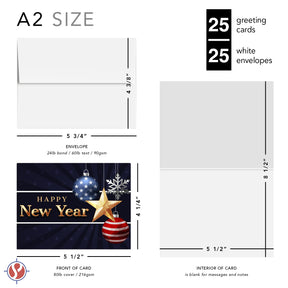 2025 Happy New Year – Blank American Patriotic Greeting Cards - 4.25 x 5.5" - 25 Per Pack