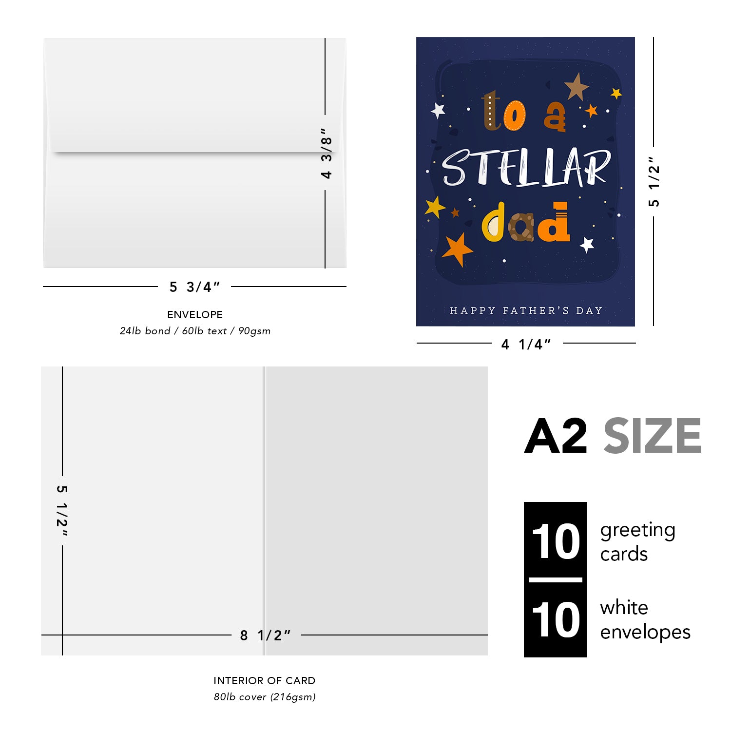 To A Stellar Dad, Happy Father's Day Greeting Cards and Envelopes for Dad, Stepdad | 4.25 x 5.5 | 10 per Pack