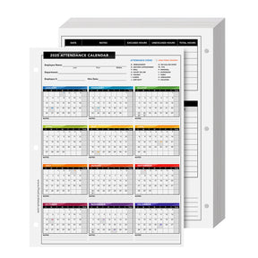 2025 Attendance Calendar Card Stock Paper – Great Employee Work Tracker | 3 Hole Punched | 8.5 x 11" | 25 per Pack