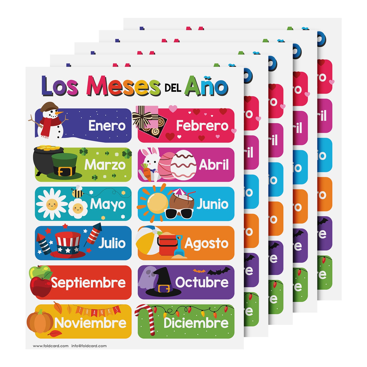 Spanish 12 Months Chart for Kids | Colorful Educational Poster | 5-Pack