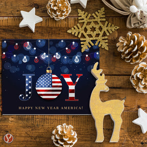 2025 JOY Happy New Year America! – Christmas Fold Over Greeting Cards & Envelopes (Blank Inside)