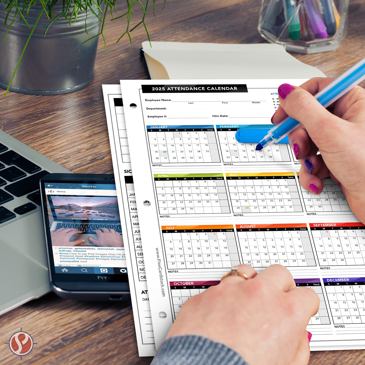 2025 Attendance Calendar Card Stock Paper – Great Employee Work Tracker | 3 Hole Punched | 8.5 x 11" | 25 per Pack