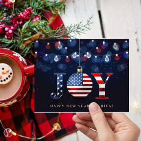 2025 JOY Happy New Year America! – Christmas Fold Over Greeting Cards & Envelopes (Blank Inside)