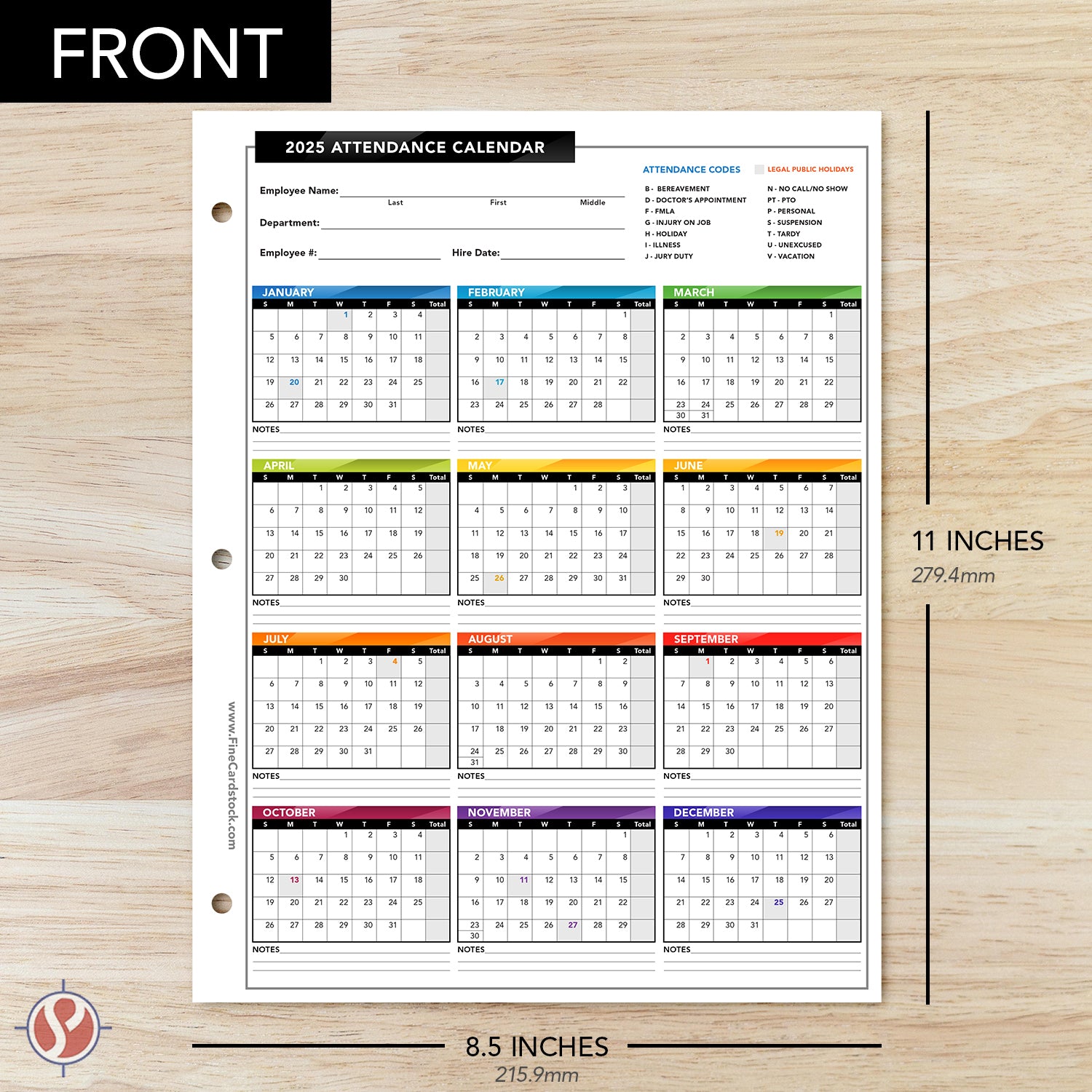 2025 Attendance Calendar Card Stock Paper – Great Employee Work Tracker | 3 Hole Punched | 8.5 x 11" | 25 per Pack