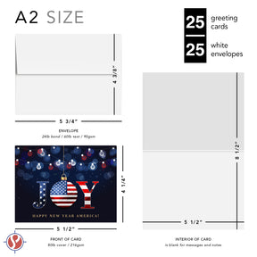 2025 JOY Happy New Year America! – Christmas Fold Over Greeting Cards & Envelopes (Blank Inside)