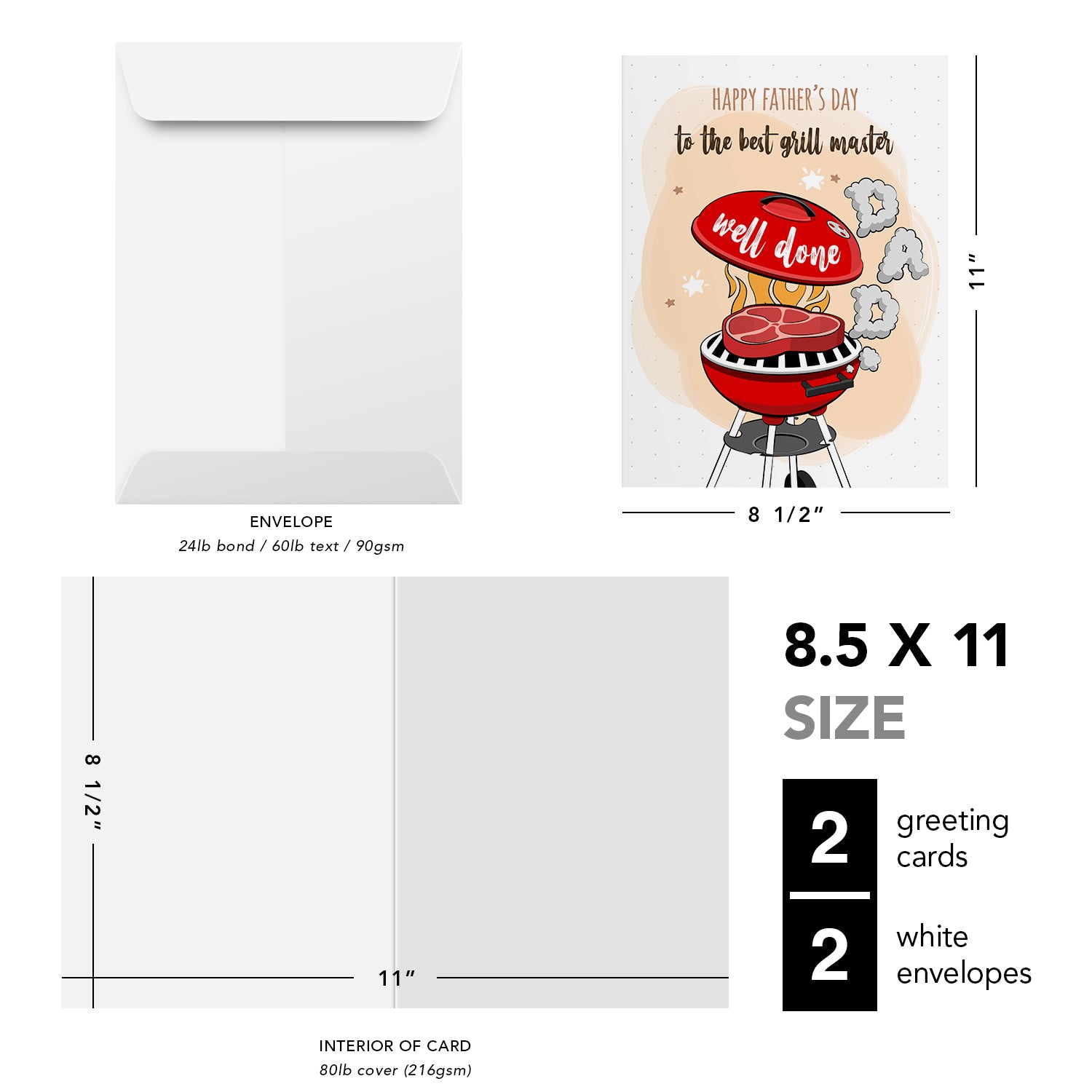 Happy Father's Day to the Best Grill Master Greeting Cards and Envelopes for Dad, Stepdad | 8.5 x 11 | 2 per Pack