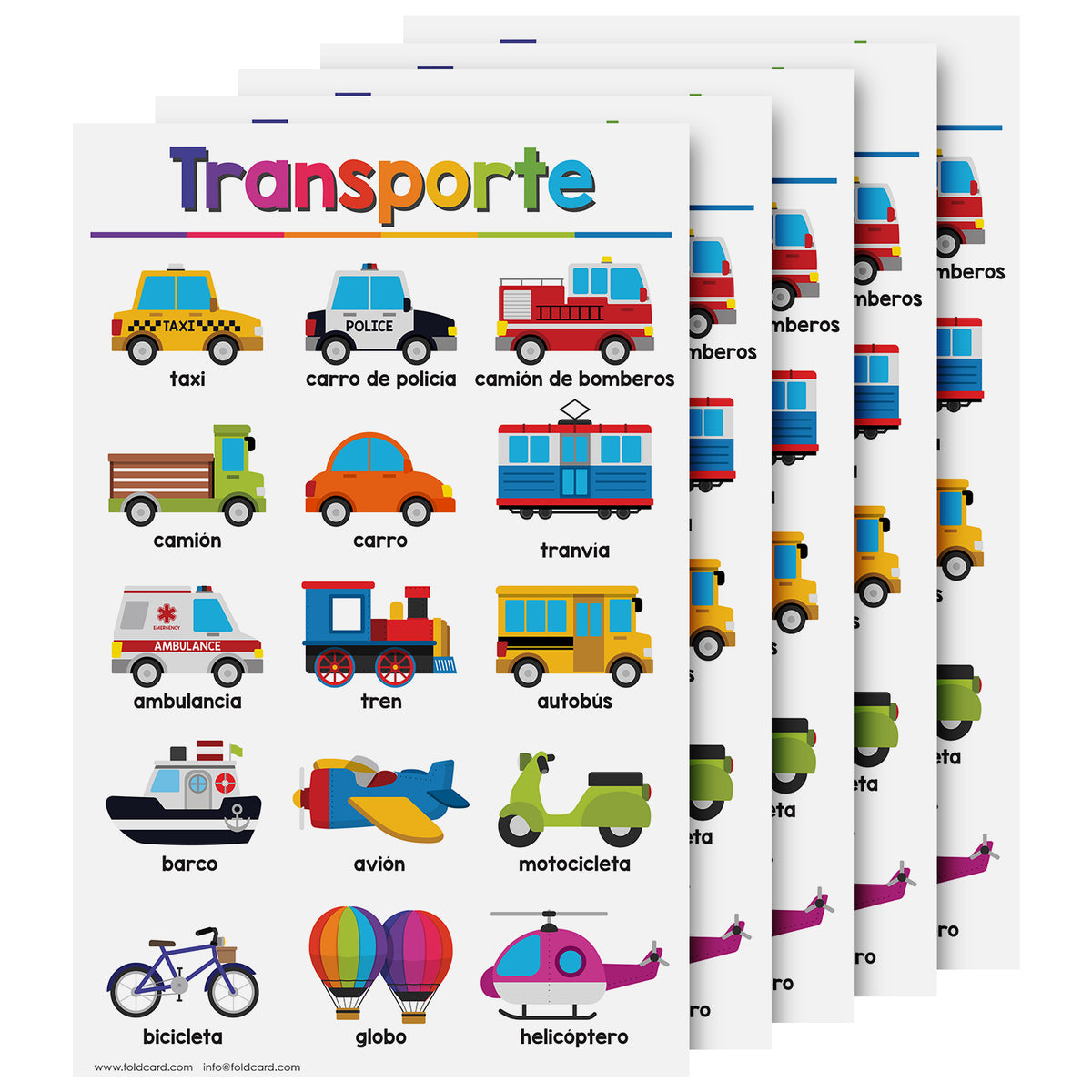 Spanish Transportation Chart for Kids – Bright & Colorful Educational Poster | 11" x 17" | 5-Pack